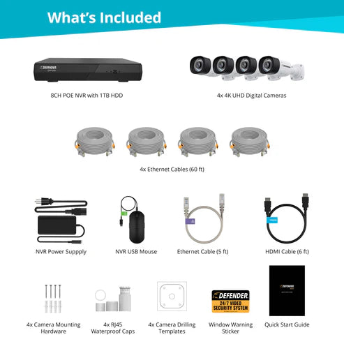 Defender NS8MP1T8B49XOP Sentinel 4K Ultra HD Wired 8 Channel POE NVR Security System with 4 Cameras (Certified Open Box)