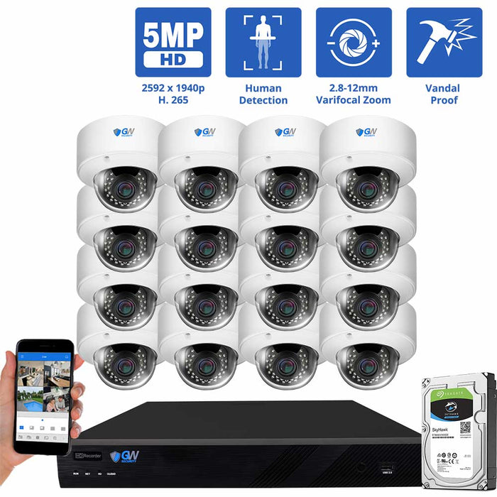 GW Security 16 Channel NVR Security Camera System with 16 * 5MP IP Dome 2.8-12mm Varifocal Lens Camera, Human Detection, 4X Optical Zoom, Built-In Microphone, Vandal-Proof, PoE