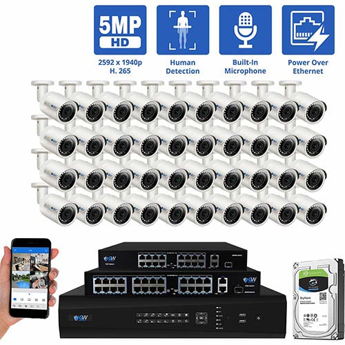 GW Security 64 Channel NVR Security Camera System with 40 * 5MP IP Bullet 2.8mm Fixed Lens Camera, Human Detection, Built-In Microphone, PoE
