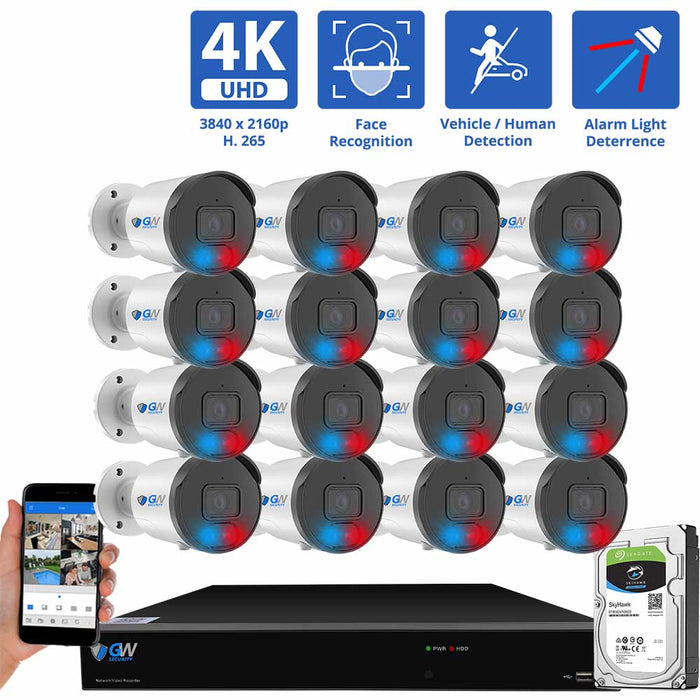GW Security 16 Channel NVR Security Camera System with 16 * 8MP IP Bullet 3.6mm Fixed Lens Camera, Face Recognition, Human / Vehicle Detection, Full-time Color Night Vision with Alarm Lights