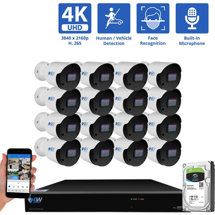 GW Security 16 Channel NVR Security Camera System with 16 * 8MP IP Bullet 3.6mm Fixed Lens Camera, Face Recognition, Human & Vehicle Detection, Built-in Mic, PoE